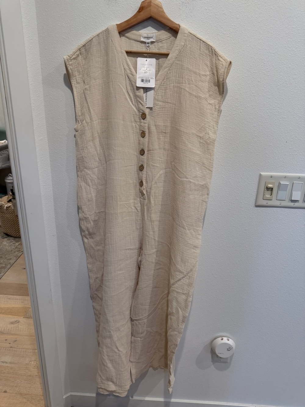 Sleeveless Button-Front Beige Jumpsuit